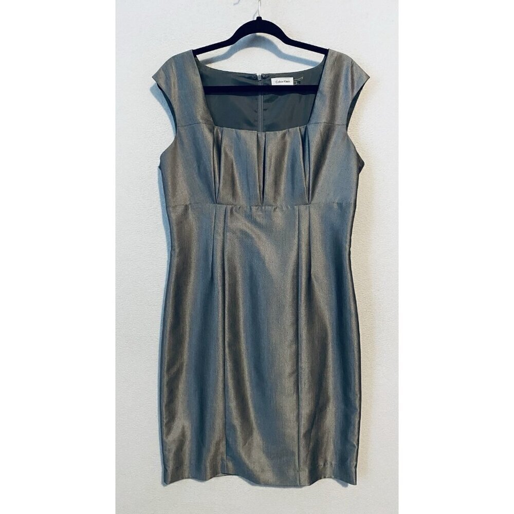 Calvin Klein Dress Womens 12 Silver Sleeveless Empire Waist Quiet Luxury Career